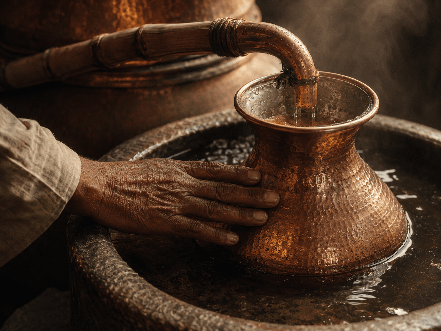 A hammered copper bhapka receiving vessel resting in a cooling water trough, sandalwood oil collecting inside as a master distiller's hand tests its warmth by touch.