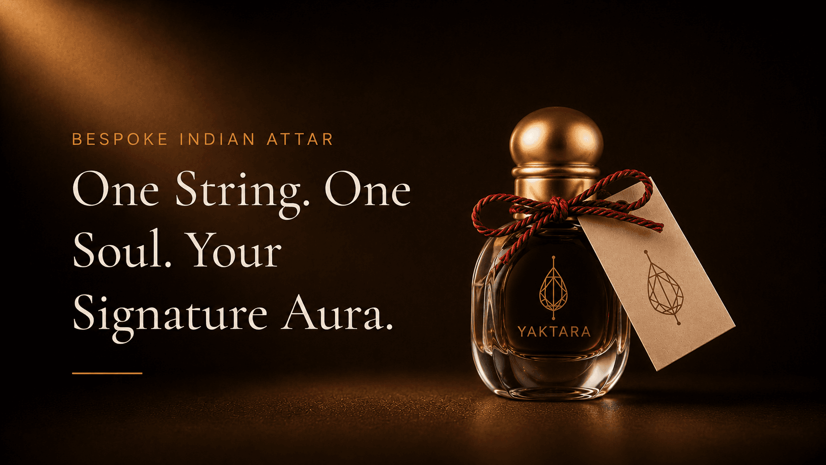 Bespoke Indian Attar. One String. One Soul. Crafted for You. A Yaktara attar bottle with a gold cap and crimson cord, tagged with the Yaktara wordmark, lit by a warm diagonal light against a dark background.